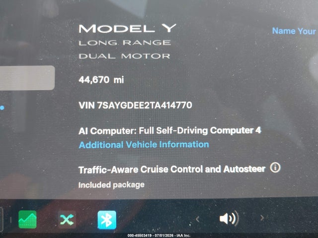 Aukcja sprzedaży 2026 Tesla Model Y All-wheel Drive/long Range Launch Series/premium All-wheel Drive, vin: 7SAYGDEE2TA414770, numer aukcji: 45503419