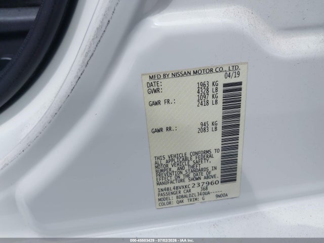 Nissan Altima 2.5 S 2019 1N4BL4BVXKC237960 Image 9