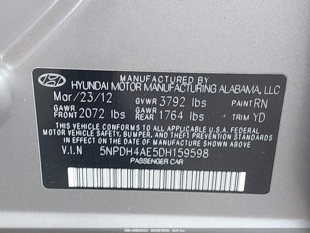 Продаж на аукціоні авто 2013 Hyundai Elantra Gls, vin: 5NPDH4AE5DH159598, номер лоту: 45503433