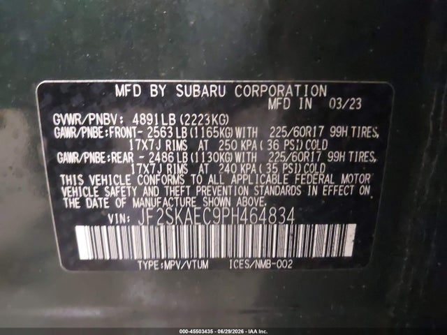 45503435 :رقم المزاد ، JF2SKAEC9PH464834 vin ، 2023 Subaru Forester Premium مزاد بيع