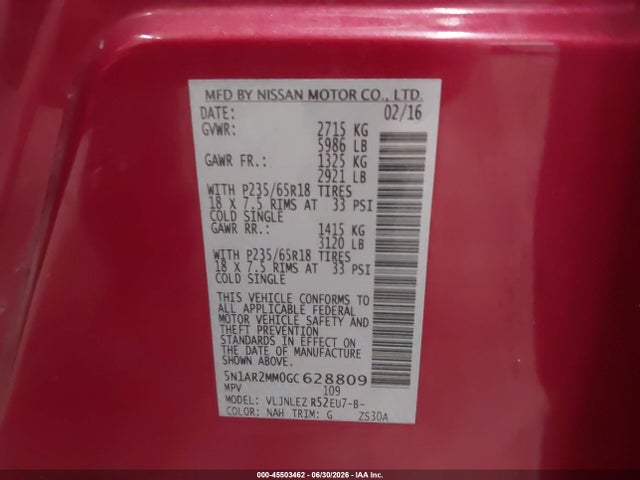 45503462 :رقم المزاد ، 5N1AR2MM0GC628809 vin ، 2016 Nissan Pathfinder Sv مزاد بيع