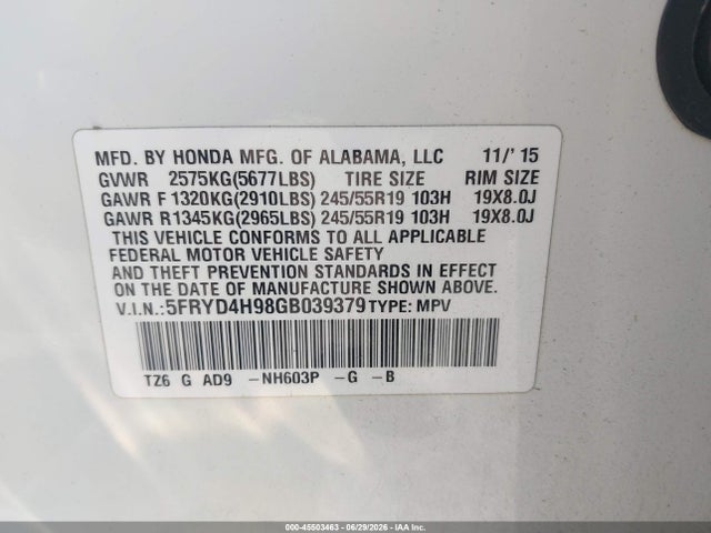 45503463 :رقم المزاد ، 5FRYD4H98GB039379 vin ، 2016 Acura Mdx Advance   Entertainment Packages/advance Package مزاد بيع
