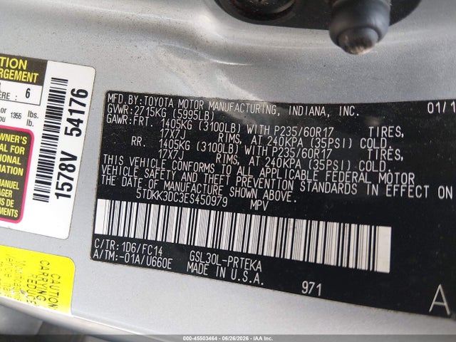 2014 Toyota Sienna Le V6 8 Passenger მანქანა იყიდება აუქციონზე, vin: 5TDKK3DC3ES450979, აუქციონის ნომერი: 45503464
