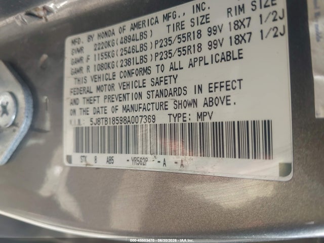 45503470 :رقم المزاد ، 5J8TB18598A007369 vin ، 2008 Acura Rdx مزاد بيع