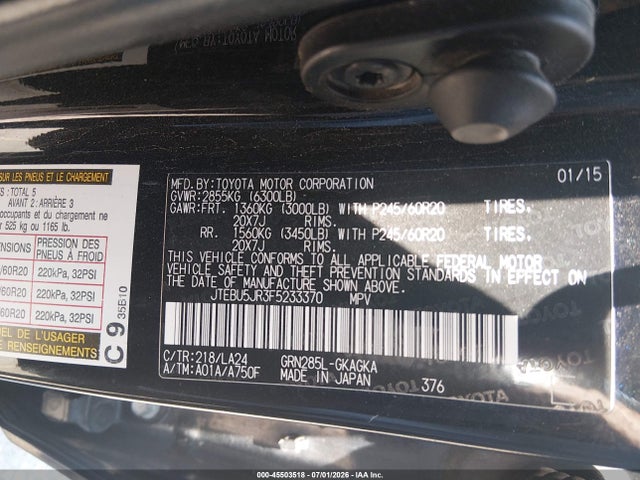 45503518 :رقم المزاد ، JTEBU5JR3F5233370 vin ، 2015 Toyota 4runner Limited مزاد بيع