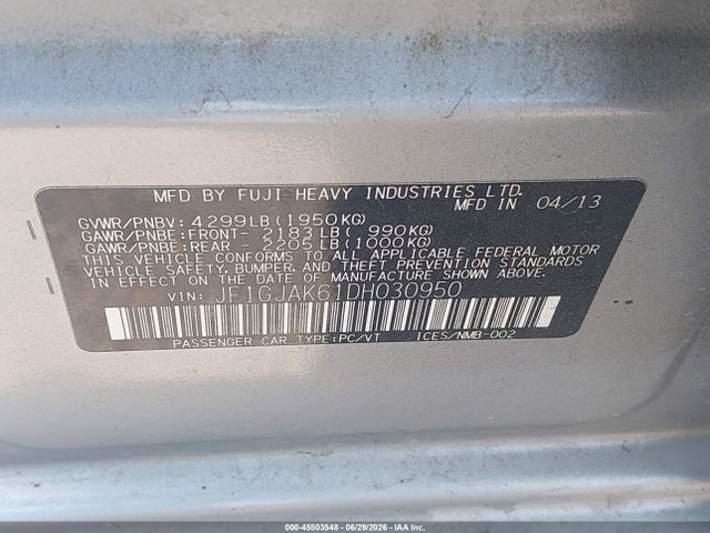 Aukcja sprzedaży 2013 Subaru Impreza 2.0i Limited, vin: JF1GJAK61DH030950, numer aukcji: 45503548