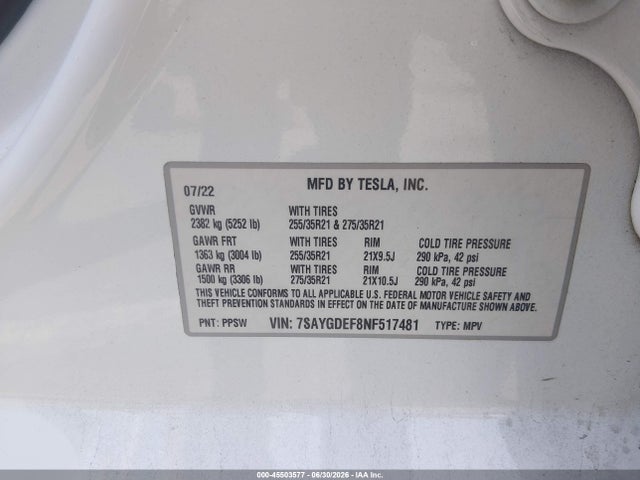 Aukcja sprzedaży 2022 Tesla Model Y Performance Dual Motor All-wheel Drive, vin: 7SAYGDEF8NF517481, numer aukcji: 45503577