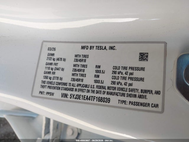 Продажа на аукционе авто 2026 Tesla Model 3 Premium Rear-wheel Drive/rear-wheel Drive, vin: 5YJ3E1EA4TF168039, номер лота: 45503607