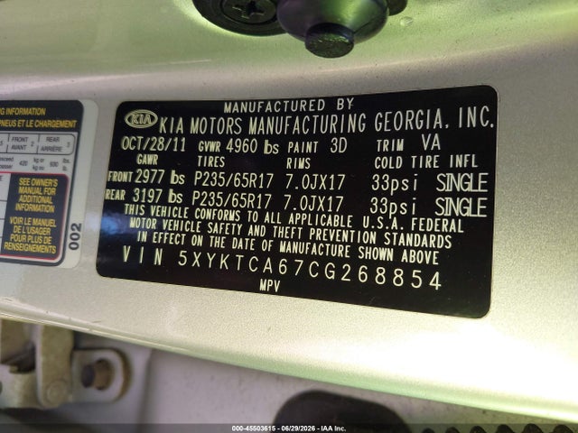 45503615 :رقم المزاد ، 5XYKTCA67CG268854 vin ، 2012 Kia Sorento Lx مزاد بيع