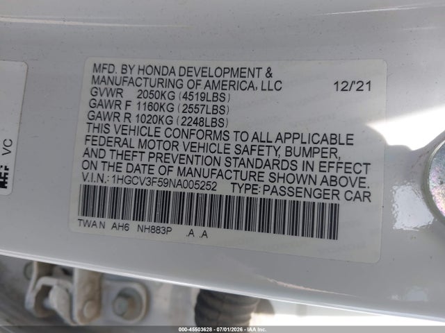 1HGCV3F59NA005252 Honda Accord Hybrid Ex-l
