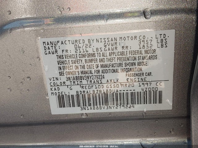 3N1AB8BV3NY279224 Nissan Sentra S Xtronic Cvt