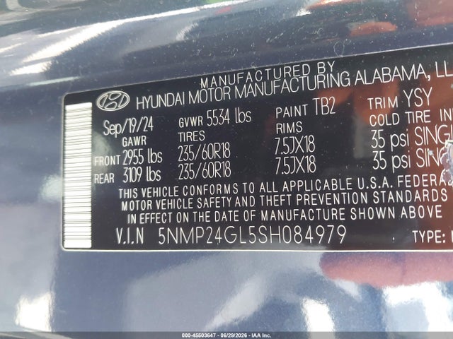 Продаж на аукціоні авто 2025 Hyundai Santa Fe Sel, vin: 5NMP24GL5SH084979, номер лоту: 45503647