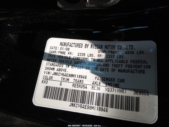 45503687 :رقم المزاد ، JNKCV64E98M118946 vin ، 2008 Infiniti G37 Journey مزاد بيع