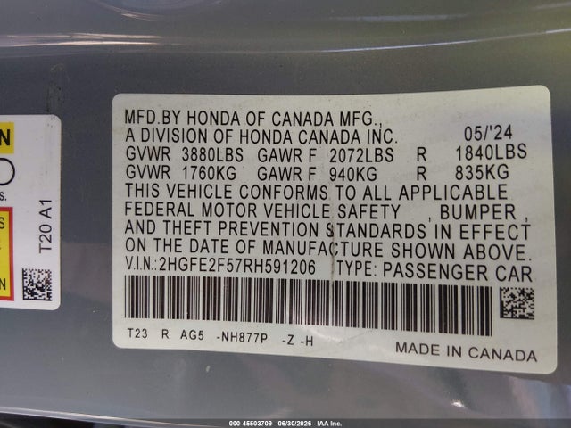 2HGFE2F57RH591206 Honda Civic Sport