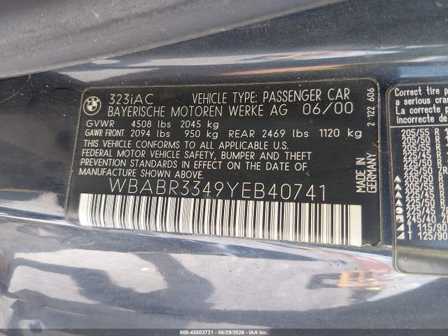 2000 Bmw 323ci მანქანა იყიდება აუქციონზე, vin: WBABR3349YEB40741, აუქციონის ნომერი: 45503731