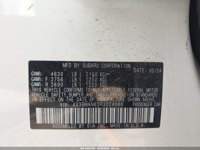 45503763 :رقم المزاد ، 4S3BWAN62R3024046 vin ، 2024 Subaru Legacy Limited مزاد بيع