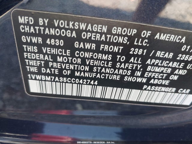 Aukcja sprzedaży 2012 Volkswagen Passat 3.6l V6 Se, vin: 1VWBM7A35CC042744, numer aukcji: 45503779
