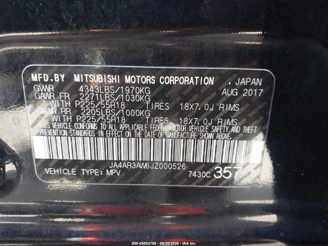 Продажа на аукционе авто 2018 Mitsubishi Outlander Sport 2.4 Se, vin: JA4AR3AW6JZ000526, номер лота: 45503790