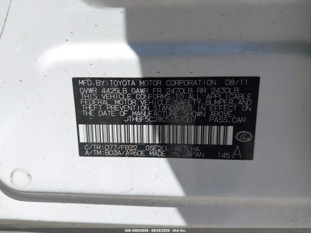 Aukcja sprzedaży 2012 Lexus Is 250, vin: JTHBF5C28C5157007, numer aukcji: 45503809