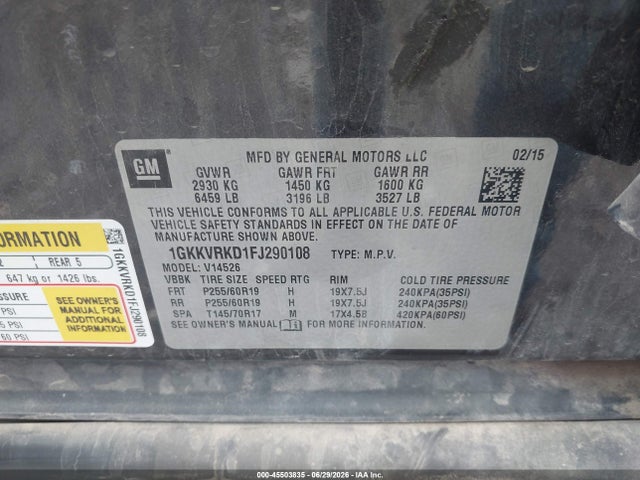 45503835 :رقم المزاد ، 1GKKVRKD1FJ290108 vin ، 2015 Gmc Acadia Slt مزاد بيع