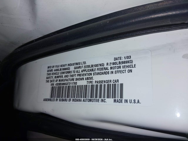 Aukcja sprzedaży 2003 Subaru Outback Limited, vin: 4S3BE686537211793, numer aukcji: 45503859