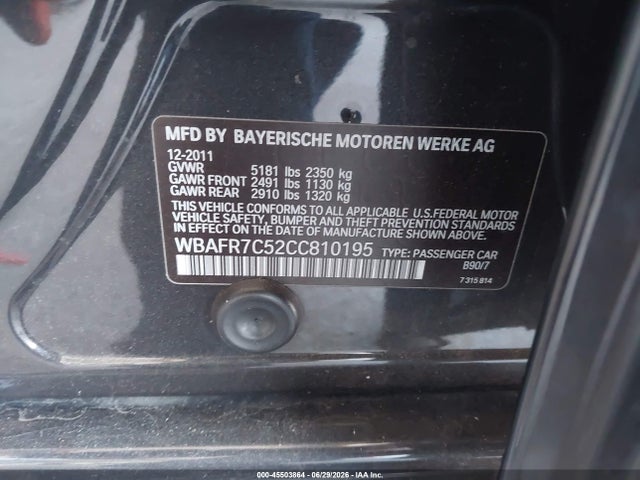 Aukcja sprzedaży 2012 Bmw 535i, vin: WBAFR7C52CC810195, numer aukcji: 45503864