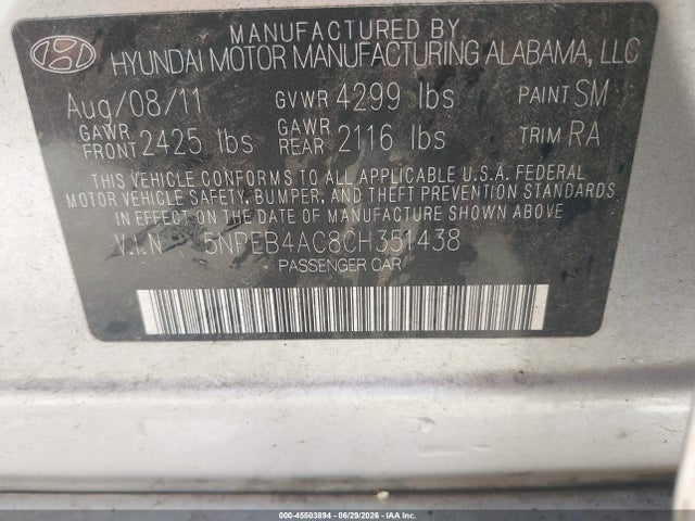 Продажа на аукционе авто 2012 Hyundai Sonata Gls, vin: 5NPEB4AC8CH351438, номер лота: 45503894