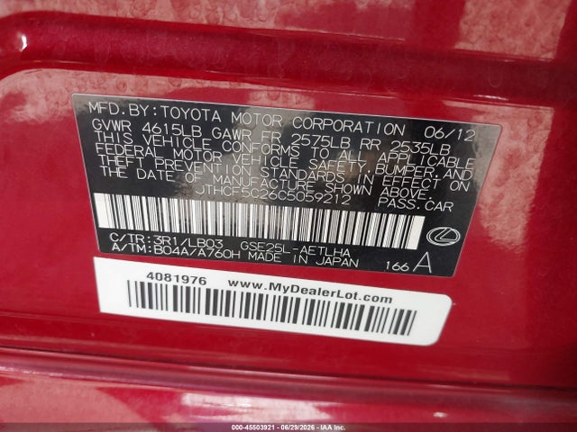 45503921 :رقم المزاد ، JTHCF5C26C5059212 vin ، 2012 Lexus Is 250 مزاد بيع