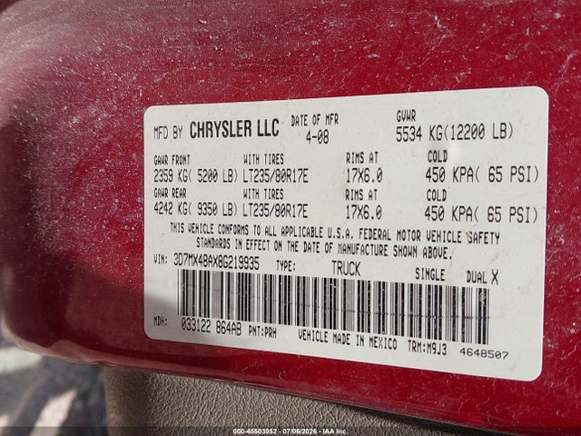 45503952 :رقم المزاد ، 3D7MX48AX8G219935 vin ، 2008 Dodge Ram 3500 Slt مزاد بيع