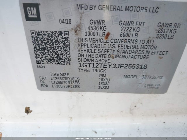 45503986 :رقم المزاد ، 1GT12TEY3JF255318 vin ، 2018 Gmc Sierra 2500hd Slt مزاد بيع