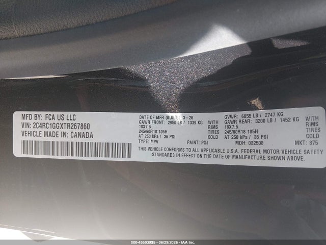 2026 Chrysler Pacifica Limited მანქანა იყიდება აუქციონზე, vin: 2C4RC1GGXTR267860, აუქციონის ნომერი: 45503995