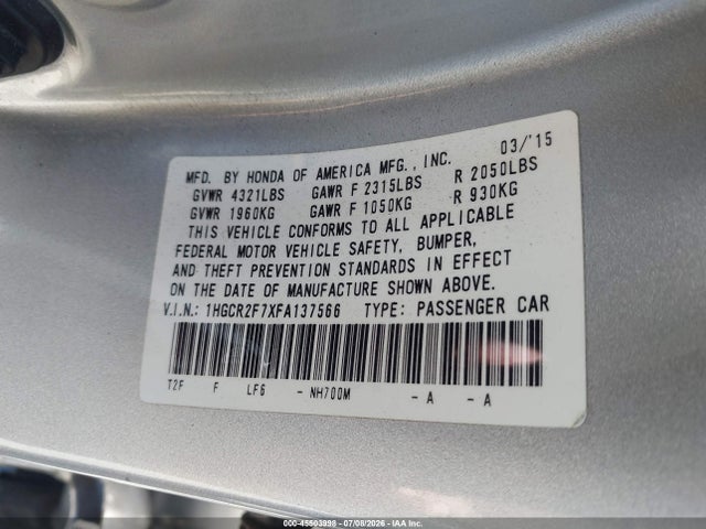 Aukcja sprzedaży 2015 Honda Accord Ex, vin: 1HGCR2F7XFA137566, numer aukcji: 45503998