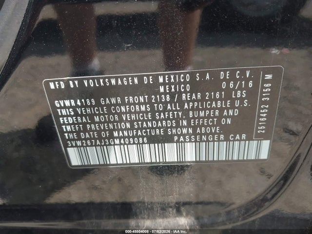 Aukcja sprzedaży 2016 Volkswagen Jetta 1.4t S, vin: 3VW267AJ3GM409086, numer aukcji: 45504008