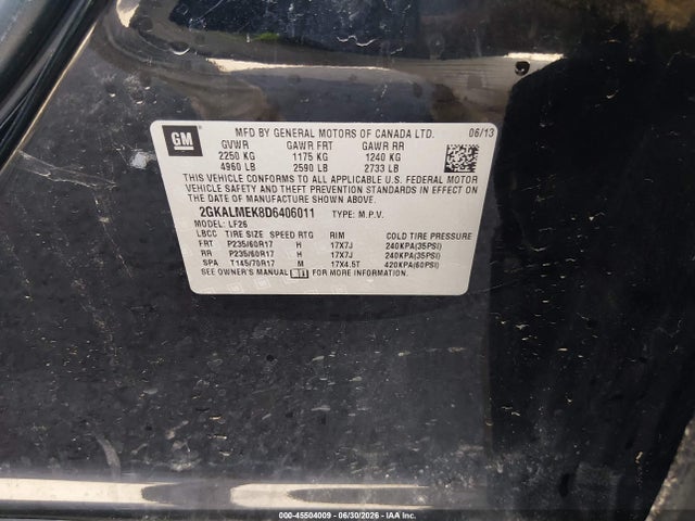 Aukcja sprzedaży 2013 Gmc Terrain Sle-1, vin: 2GKALMEK8D6406011, numer aukcji: 45504009