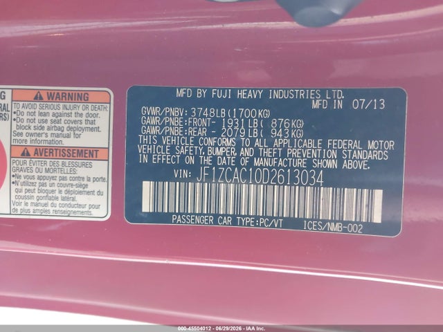 Продаж на аукціоні авто 2013 Subaru Brz Limited, vin: JF1ZCAC10D2613034, номер лоту: 45504012