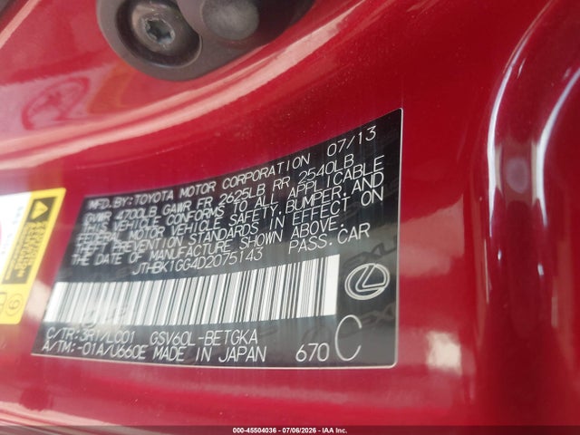 Aukcja sprzedaży 2013 Lexus Es 350, vin: JTHBK1GG4D2075143, numer aukcji: 45504036