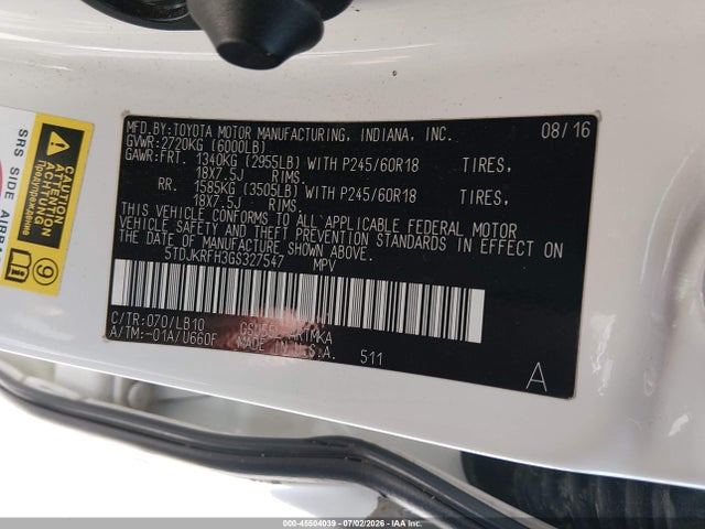 45504039 :رقم المزاد ، 5TDJKRFH3GS327547 vin ، 2016 Toyota Highlander Xle V6 مزاد بيع