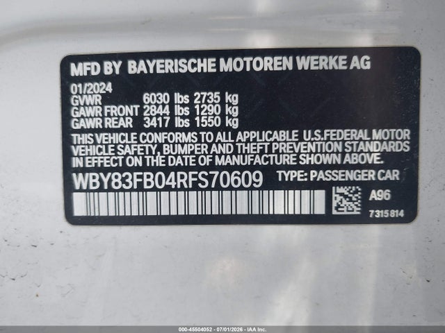 45504052 :رقم المزاد ، WBY83FB04RFS70609 vin ، 2024 Bmw I4 Gran Coupe Xdrive40 مزاد بيع