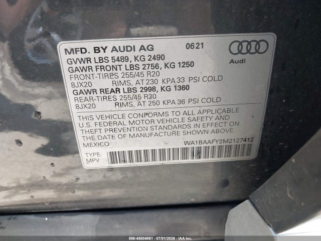 Aukcja sprzedaży 2021 Audi Q5 Premium Plus 45 Tfsi Quattro S Tronic, vin: WA1BAAFY2M2127412, numer aukcji: 45504061
