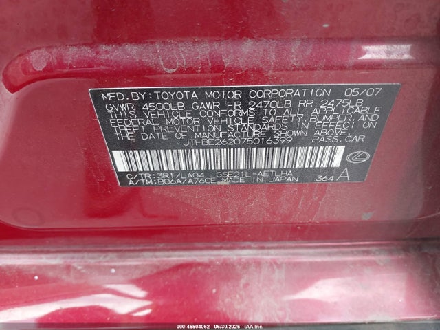 Продаж на аукціоні авто 2007 Lexus Is 350, vin: JTHBE262075016399, номер лоту: 45504062