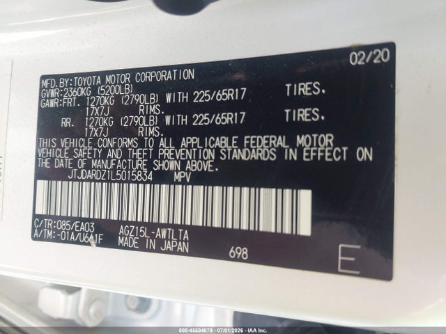 Auction sale of the 2020 Lexus Nx 300, vin: JTJDARDZ1L5015834, lot number: 45504079
