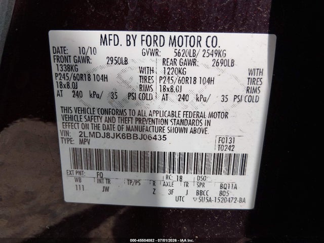 Продаж на аукціоні авто 2011 Lincoln Mkx, vin: 2LMDJ8JK6BBJ06435, номер лоту: 45504082