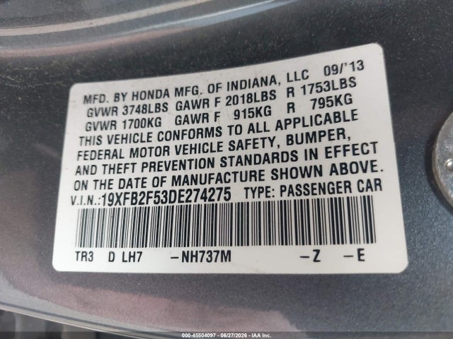 Aukcja sprzedaży 2013 Honda Civic Lx, vin: 19XFB2F53DE274275, numer aukcji: 45504097