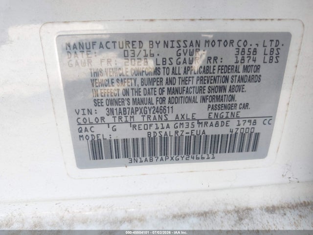 Aukcja sprzedaży 2016 Nissan Sentra Sr, vin: 3N1AB7APXGY246611, numer aukcji: 45504101