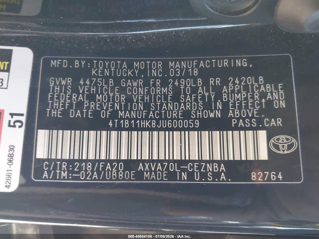 Toyota CAMRY LE 2018 4T1B11HK8JU600059 Image 9