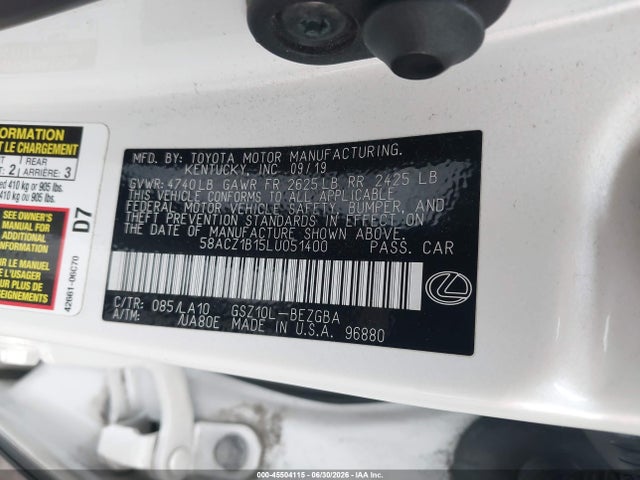 Lexus ES 350 2020 58ACZ1B15LU051400 Image 9