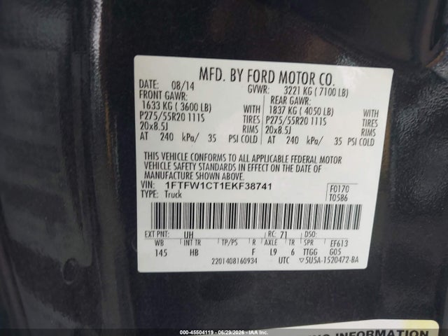 1FTFW1CT1EKF38741 Ford F-150 Fx2/king Ranch/lariat/limited/platinum/xl/xlt