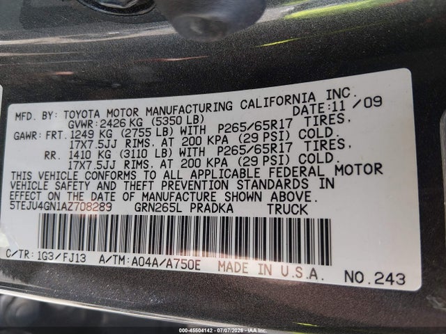 Auction sale of the 2010 Toyota Tacoma Prerunner V6, vin: 5TEJU4GN1AZ708289, lot number: 45504142