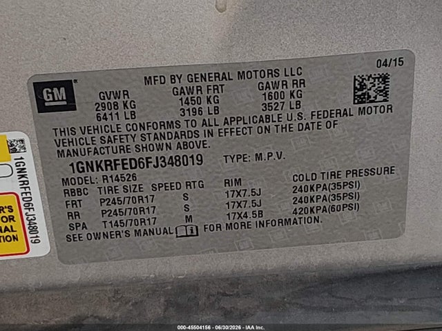 Chevrolet Traverse Ls 2015 1GNKRFED6FJ348019 Image 9
