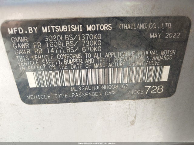 Aukcja sprzedaży 2022 Mitsubishi Mirage Es, vin: ML32AUHJ0NH008167, numer aukcji: 45504180